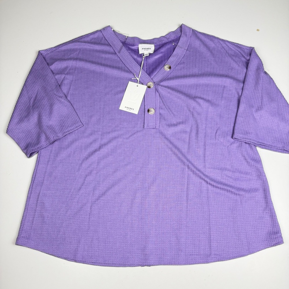 Andree by Unit Women Purple Waffle Knit Henley V-Neck Top Plus Size 1X NWT